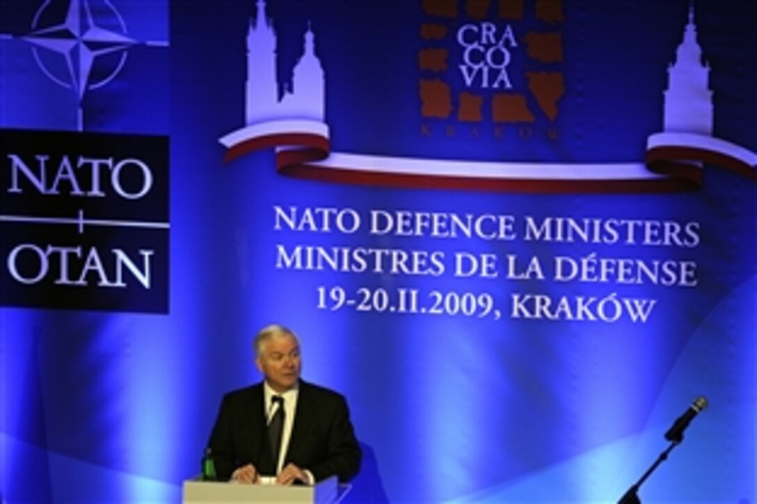 U.S. Defense Secretary Robert M. Gates gives his remarks and answers questions during a press conference in Krakow, Poland, Feb. 20, 2009. Gates was in Poland to attend the Krakow Defense Ministerial Conference. 