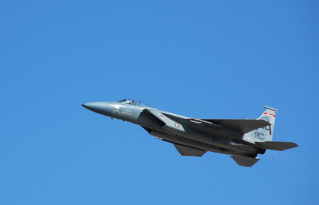 Col. Robert Leeker, 131st Wing Commander takes to the skies on his final F-15 flight from Lambert International Airport, Feb. 21, 2009. (Photo by MSgt. Mary-Dale Amison)