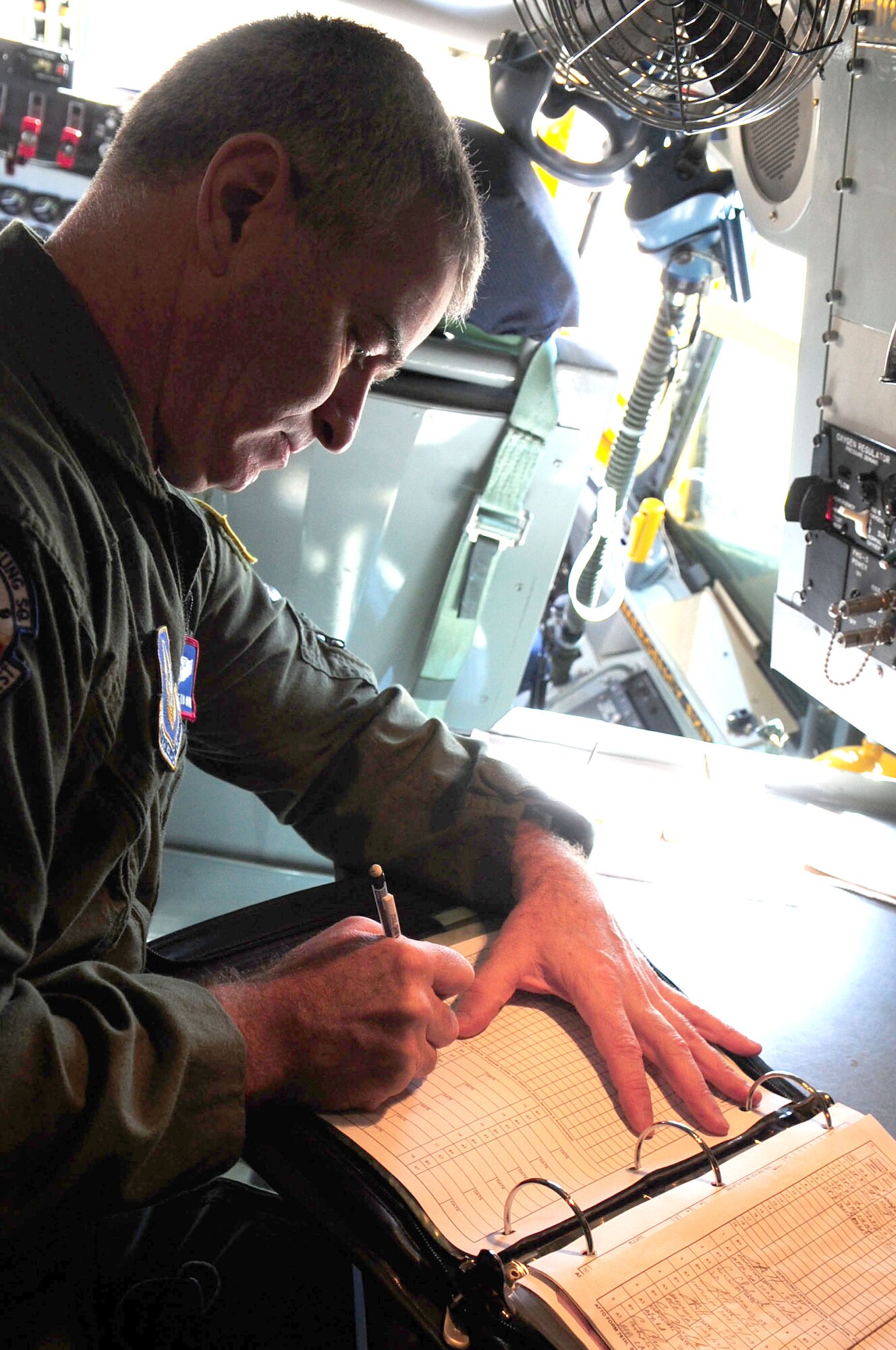 Senior Master Sgt. Kenneth Horner, KC-135 boom operator, performs pre-flight checks prior to a refueling mission with a B-52. (U.S. Air Force photos by Senior Airman Joanna M.Kresge, 2nd Bomb Wing Public Affairs)