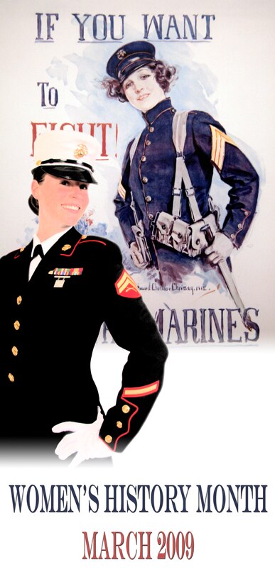 A Marine of the 9th Marine Corps District, are seen in this recreation of a world war era recruiting poster directed toward the recruitment of women.