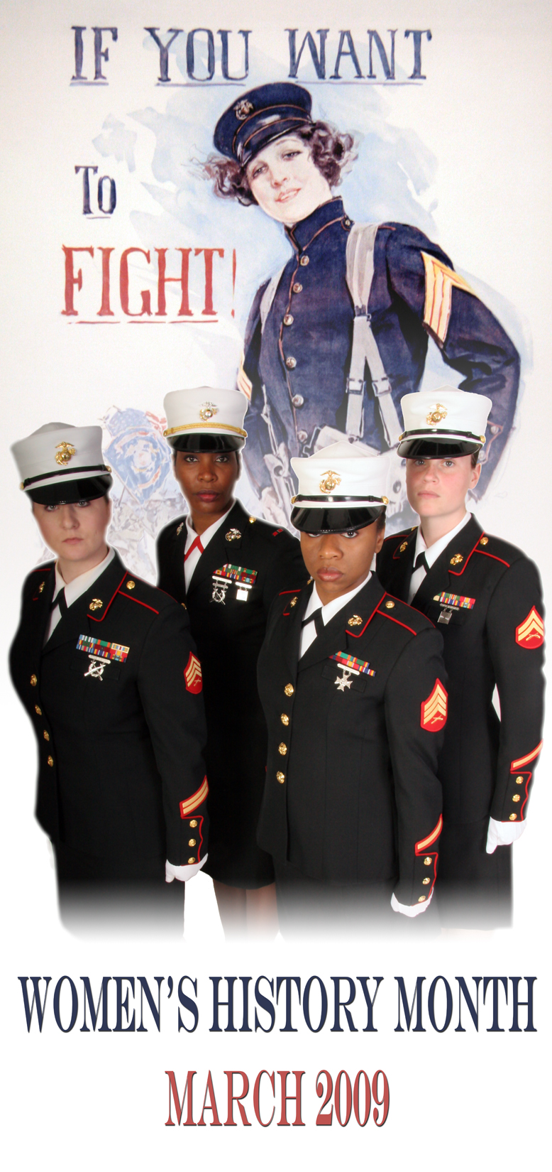 Marines of the 9th Marine Corps District, are seen in this recreation of a world war era recruiting poster directed toward the recruitment of women.