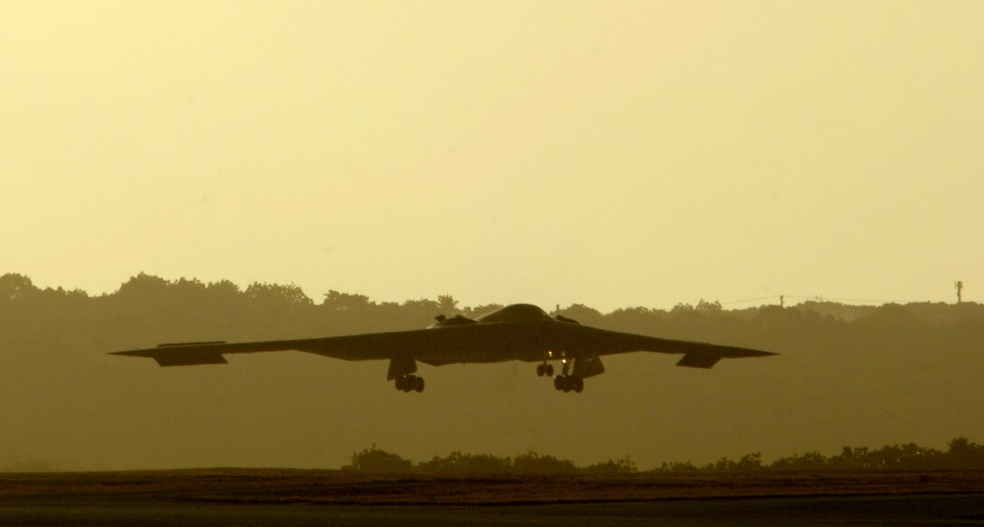 A B-2 Spirit from the 509th Bomb Wing, 13th Bomb Squadron at Whiteman
Air Force Base lands at Andersen Air Force Base, Guam Feb 23. More than 250 Airmen and four B-2 Spirits, deployed from Whiteman Air Force Base, Mo., began arriving here Feb. 23, to replace the 23rd Expeditionary Bomb Squadron and its B-52 Stratofortress as the Pacific regions Continuous Bomber Presence.
(U.S. Air Force photo/ Master Sgt. Kevin J. Gruenwald) released

