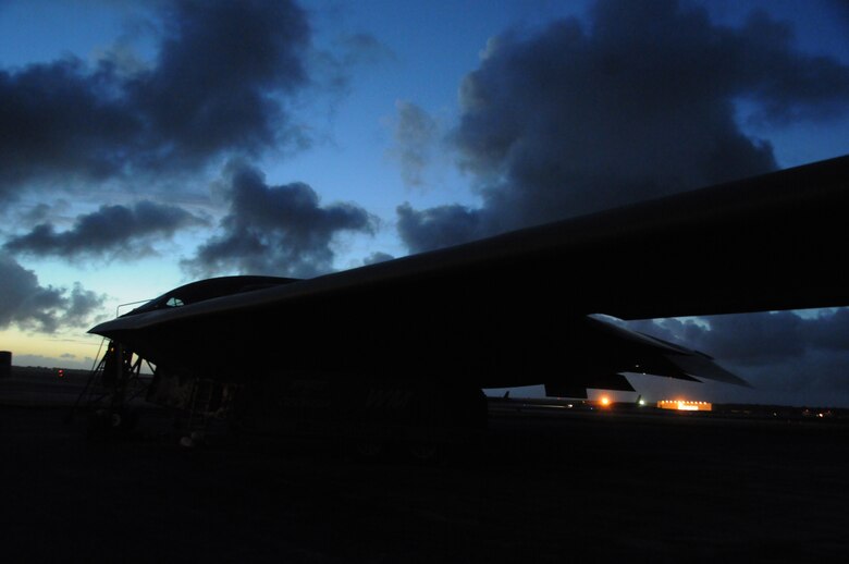 A B-2 Spirit from the 509th Bomb Wing at Whiteman Air Force Base receives post flight maintenance after arriving at Andersen Air Force Base, Guam, Feb. 23.  More than 250 Airmen and four B-2 Spirits, deployed from Whiteman Air Force Base, Mo., began arriving here Feb. 23, to replace the 23rd Expeditionary Bomb Squadron and its B-52 Stratofortress as the Pacific regions Continuous U.S. Bomber Presence.(U.S. Air Force photo by Senior Airman Ryan Whitney) 