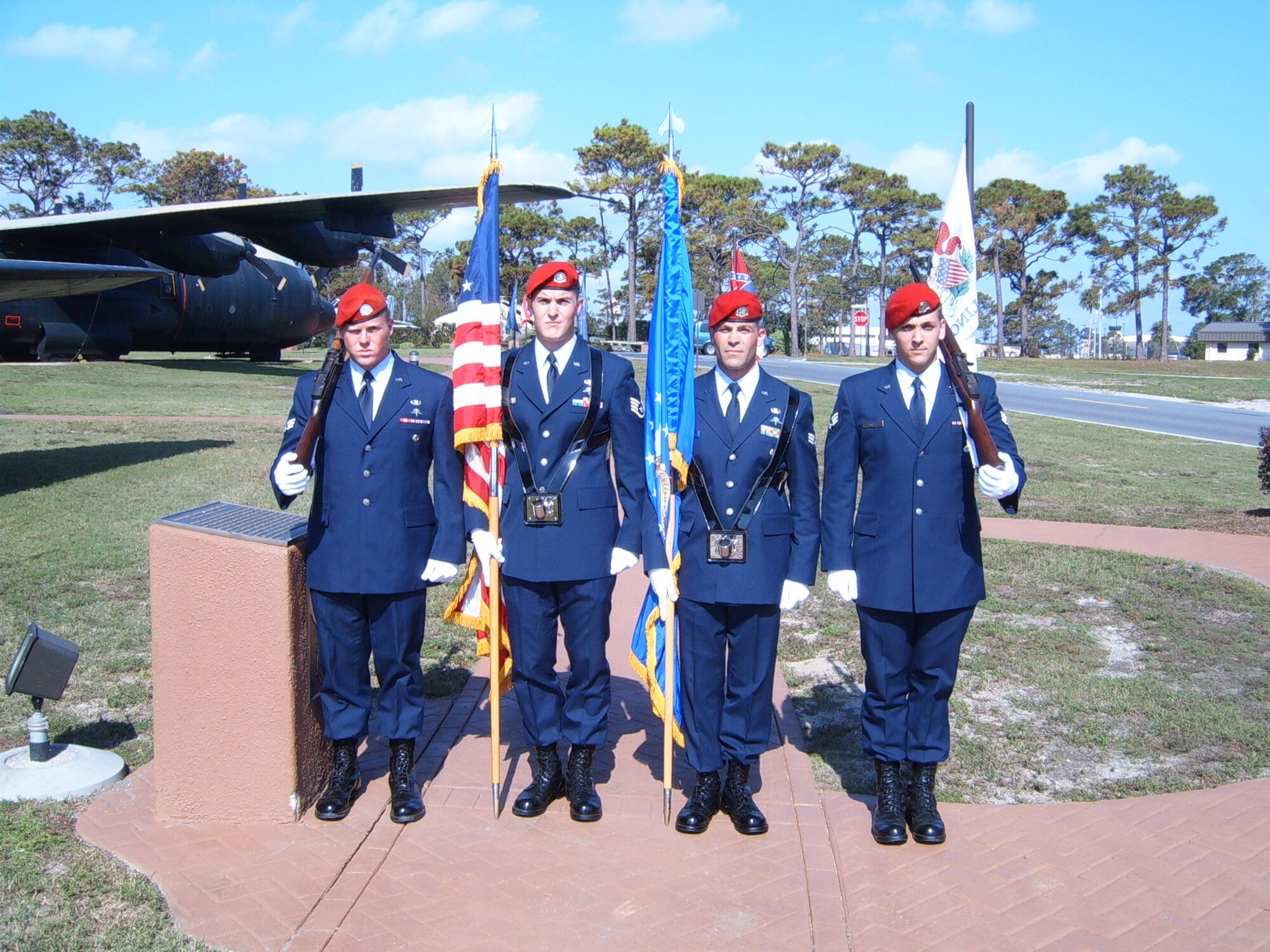 Staff Sgt. Timothy P. Davis (second from left) served as a member of the honor guard  during a ceremony held Nov 12, 2005. Sergeant Davis died of wounds suffered when his vehicle encountered an improvised explosive device in Afghanistan Feb. 20, 2009. He was assigned to the 23rd Special Tactics Squadron at Hurlburt Field, Fla. (U.S. Air Force photo)  

