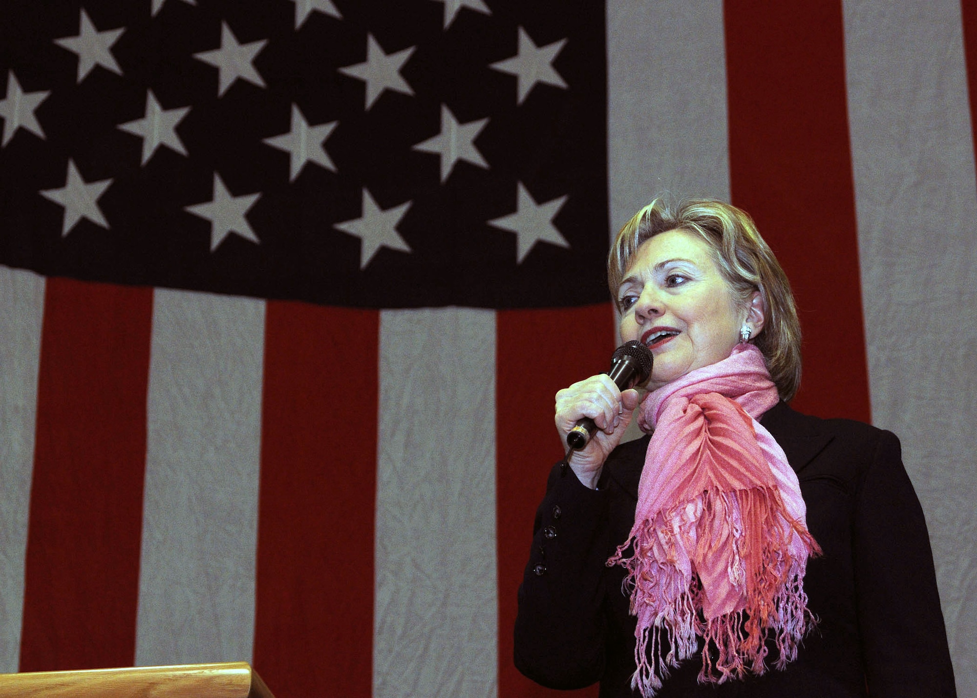 Secretary of State Hillary Clinton speaks to military members and their families Feb. 22 at Yokota Air Base, Japan. She took the opportunity to visit during a refueling stop there on her way back to Washington D.C.  (U.S. Air Force photo/Airman 1st Class Michael Dillon)