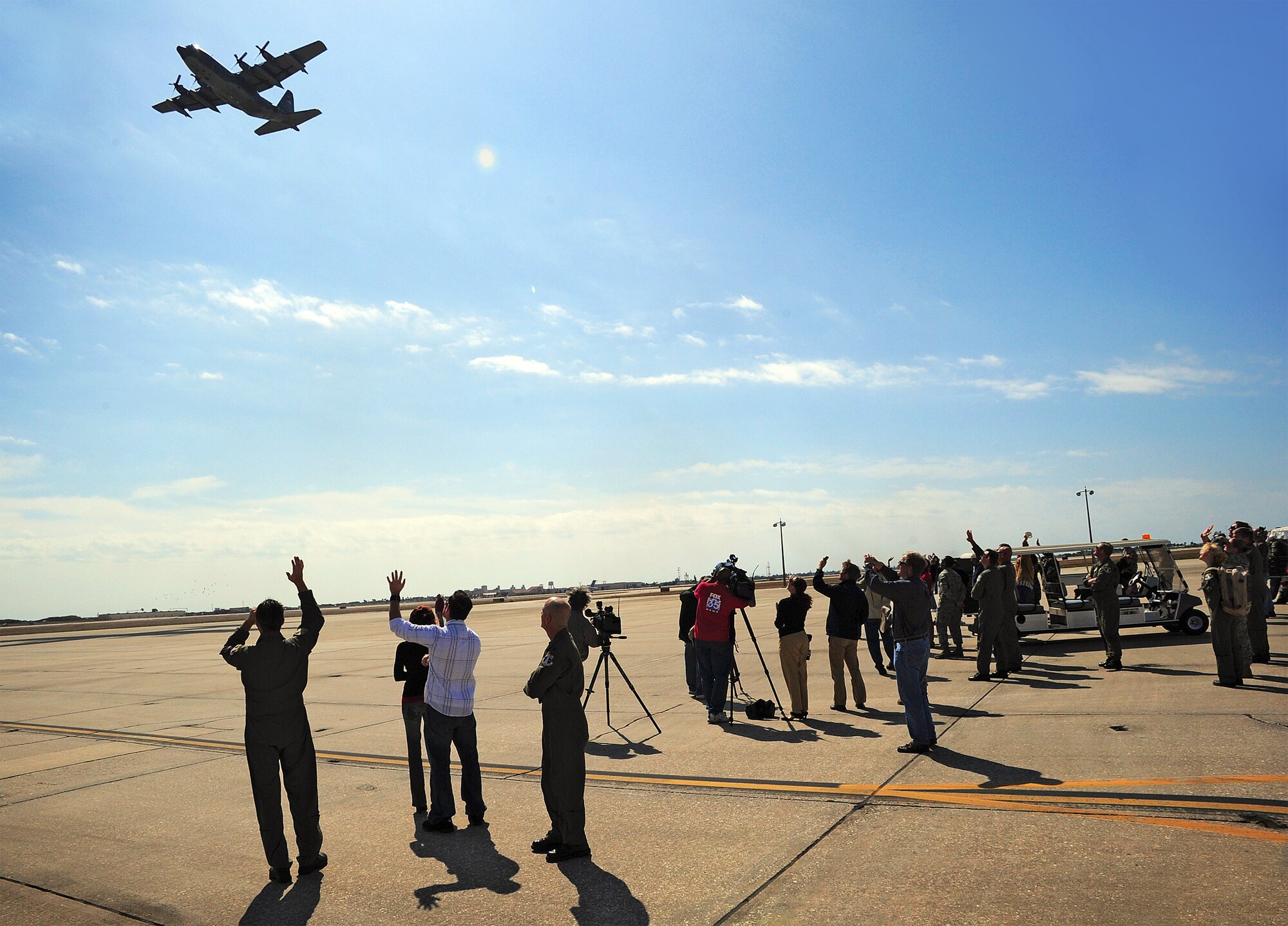 PATRICK AIR FORCE BASE, Fla. -- A group of roughly 30 Reserve pilots, aircrew members and support personnel from the 920th Rescue Wing’s HC-130P/N Hercules squadron here soar above their friends, families and co-workers today on their way to a two-month deployment to Camp Lemonier, a combined, joint base at Djibouti, Africa. The men and women will provide combat search and rescue support to the Horn of Africa region, which is comprised of Djibouti, Eritrea, Ethiopia and Somalia. The mission falls under the command of Combined Joint Task Force – Horn of Africa. A variant of the Hercules, the HC-130 P/N has the ability to refuel other aircraft in flight, which greatly increases the range of Air Force combat rescue helicopters. (U.S. Air Force photo/Tech. Sgt. Paul Flipse)