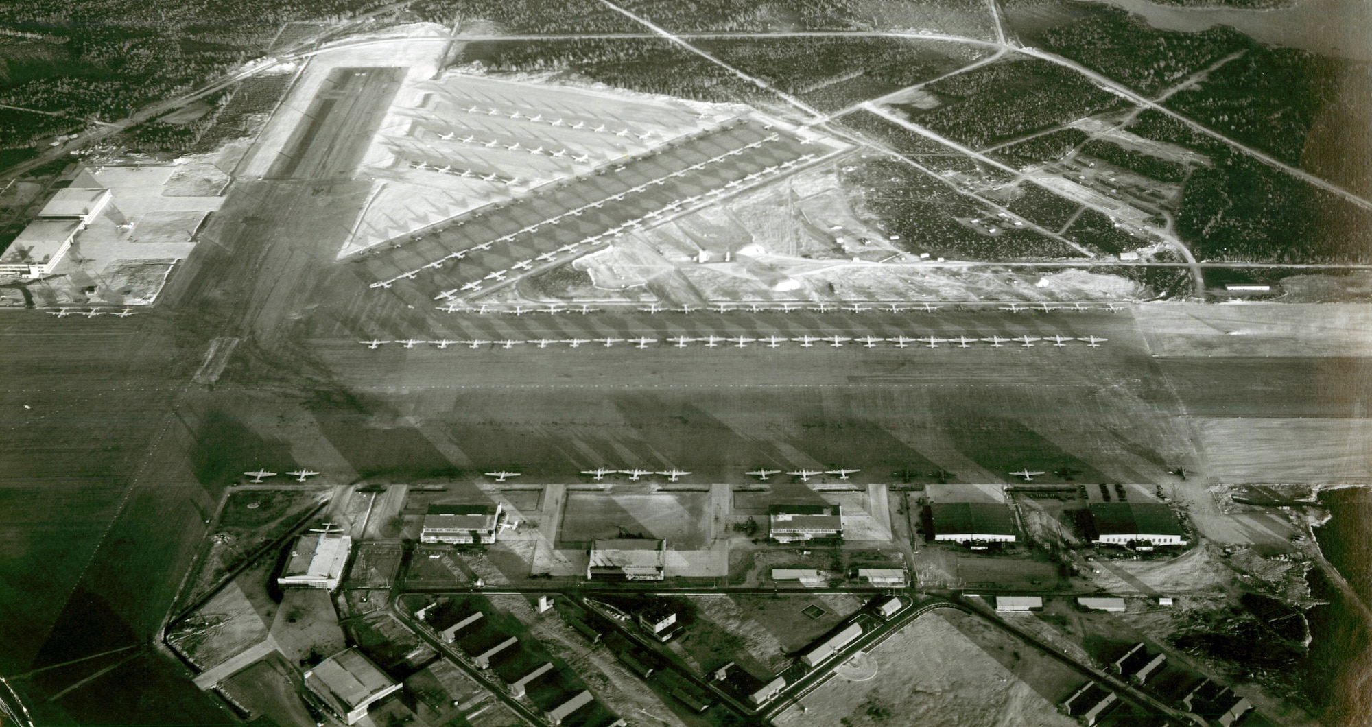 Gander, Newfoundland in 1944.  A record 152 aircraft (mostly B-17s, B-24s and C-54s) was handled on July 20, 1944, at Gander.