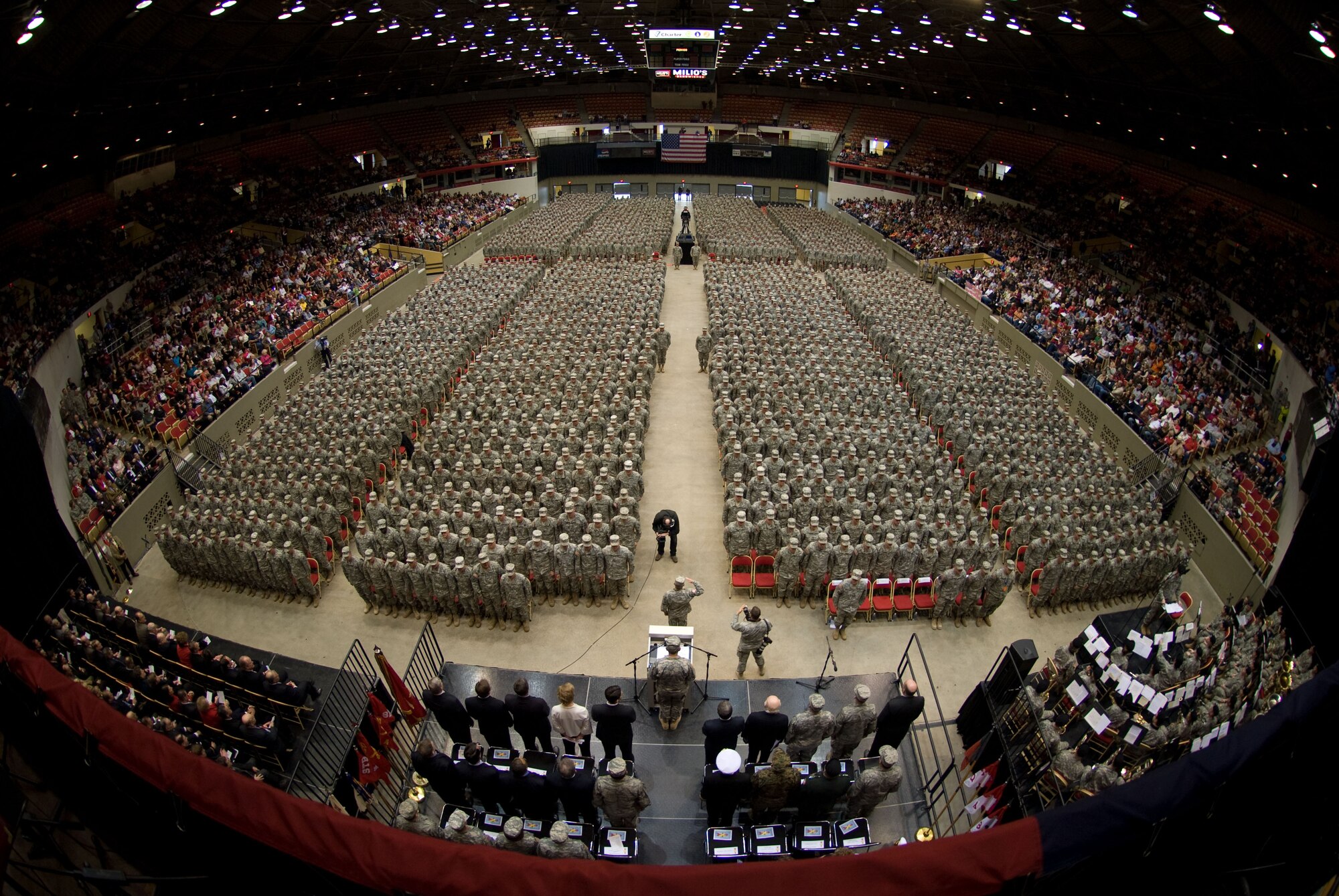 A birds-eye view of the 3,200 deploying Soldiers of the 32nd Infantry Brigade Combat Team and augmenting units at a sendoff ceremony Feb. 17 at the Dane County Veterans Memorial Coliseum, Madison, Wis. A Wisconsin Military-Community Covenent was signed at the ceremony pledging the support of Wisconsin legislature, Wisconsin National Guard, military Reserve branch chiefs and state and national support agencies to all members of Wisconsin's armed forces. (Wisconsin Department of Military Affairs photo by Larry Sommers)