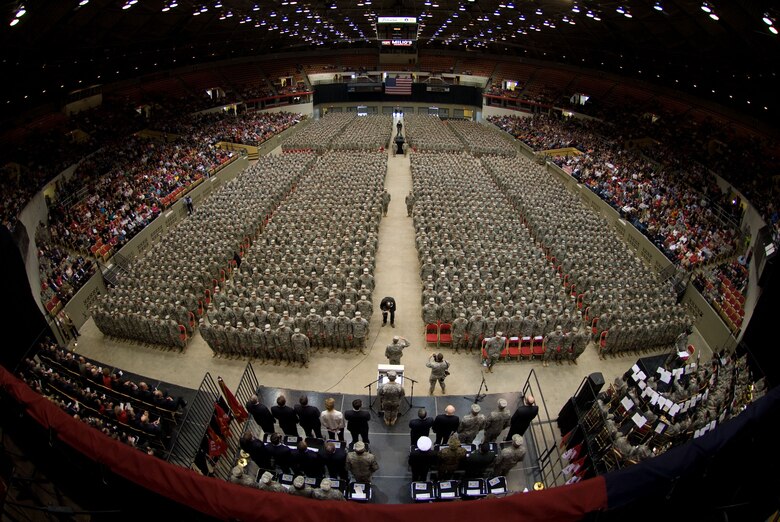 A birds-eye view of the 3,200 deploying Soldiers of the 32nd Infantry Brigade Combat Team and augmenting units at a sendoff ceremony Feb. 17 at the Dane County Veterans Memorial Coliseum, Madison, Wis. A Wisconsin Military-Community Covenent was signed at the ceremony pledging the support of Wisconsin legislature, Wisconsin National Guard, military Reserve branch chiefs and state and national support agencies to all members of Wisconsin's armed forces. (Wisconsin Department of Military Affairs photo by Larry Sommers)