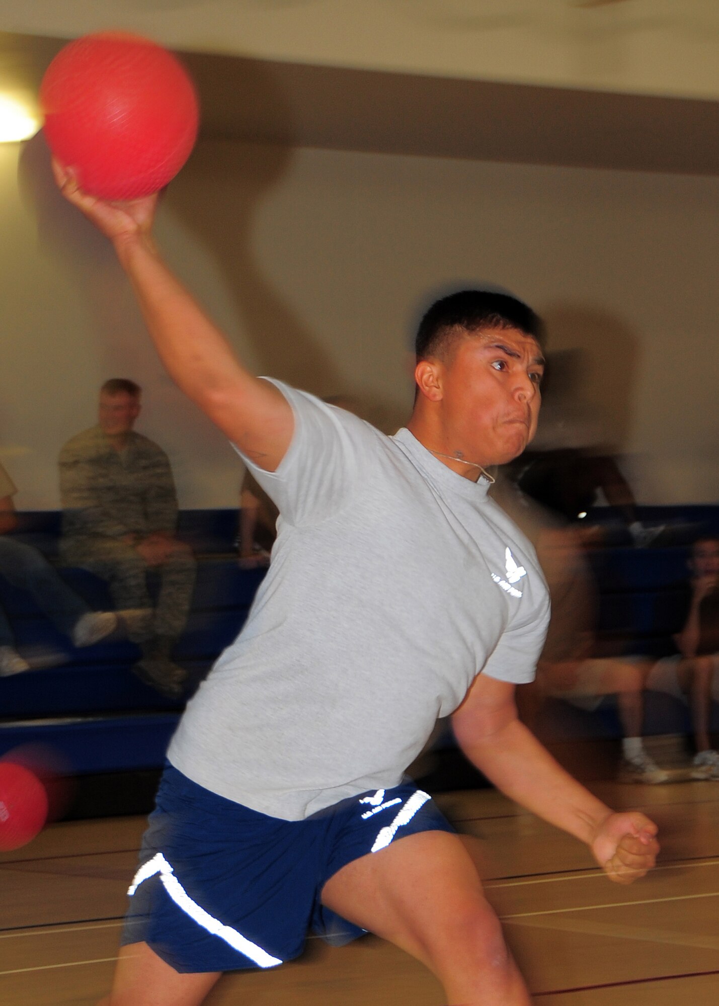 Airman Francisco Hernandez III, 49 Operations Group, throws a ball during the Holloman Air Force Base, N.M., Fitness and Sports Center Open House dodgeball tournament Feb. 20. (U.S. Air Force Photo/Tech. Sgt. Chris Flahive)