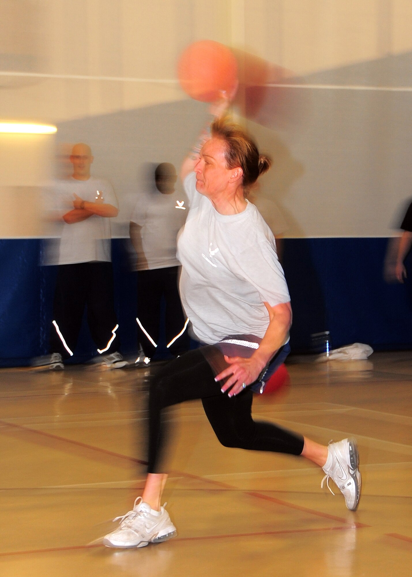 Staff Sgt. Courtney Lehner, 49th Maintenance Squadron, throws a ball during the Holloman Air Force Base, N.M., Fitness and Sports Center Open House dodgeball tournament Feb. 20. (U.S. Air Force Photo/Tech. Sgt. Chris Flahive)