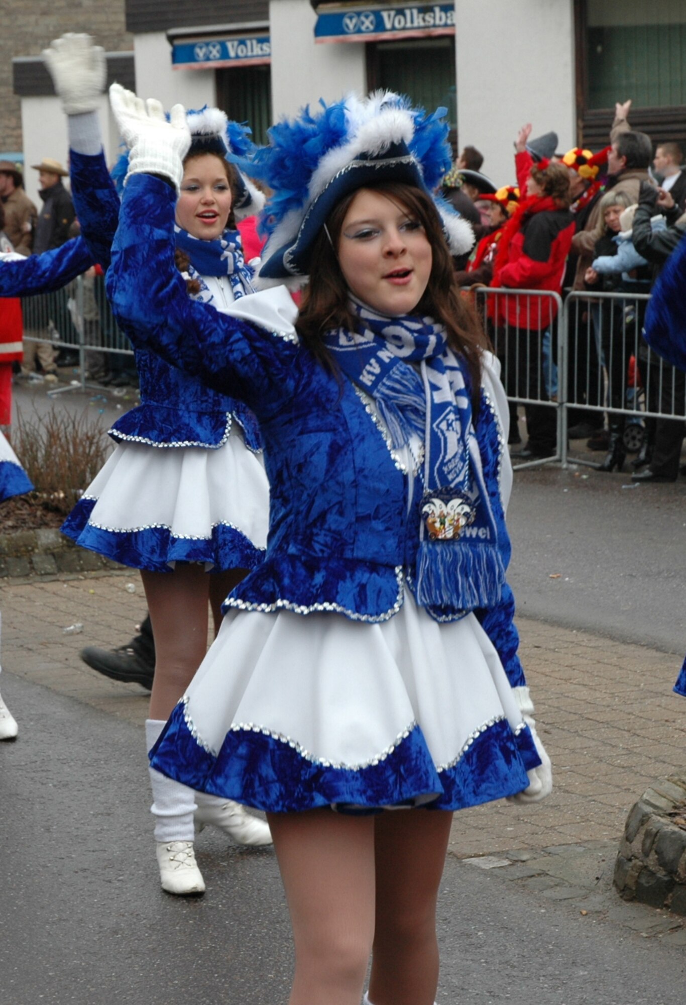 KORDEL, Germany -- In traditional blue-white outfits a group of young fanfare “Funkengarde” female dancers participated in a fashing parade in Kordel Feb. 22, 2009. The Kordel parade was the second largest parade in the Trier area, attracting close to a thousand visitors from around the area. (U.S. Air Force photo by Iris Reiff)