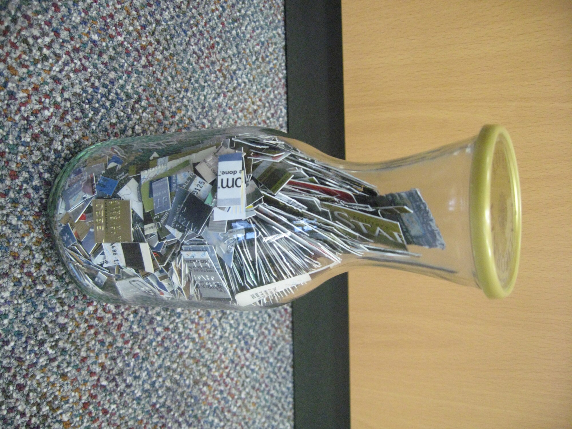 SPANGDAHLEM AIR BASE, Germany – A jar of cut up credit cards stands in the Airman & Family Readiness Center representing Airmen and their families’ commitment to putting their finances on track. Sabers of all ages are encouraged to take steps to learn how to “Build Wealth, Not Debt” during Military Saves Week Feb. 22 through March 1. (U.S. Air force photo by Staff Sgt. Tammie Moore)