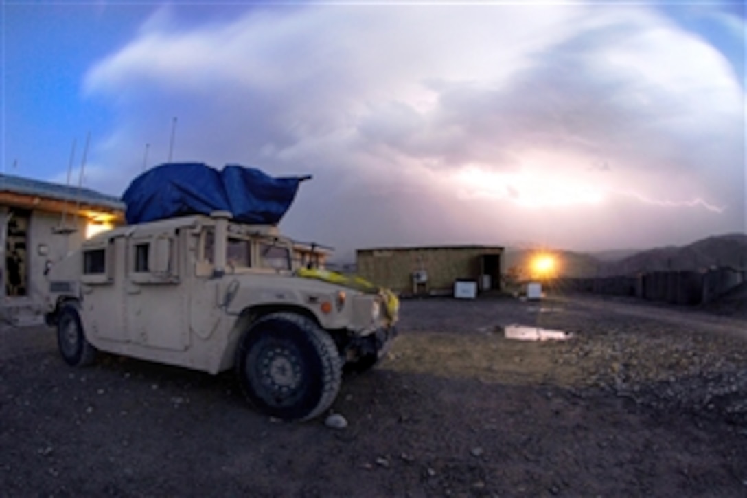 Lightning flashes over Forward Operation Base Lane, Afghanistan, as a storm approaches, Feb. 19, 2009.