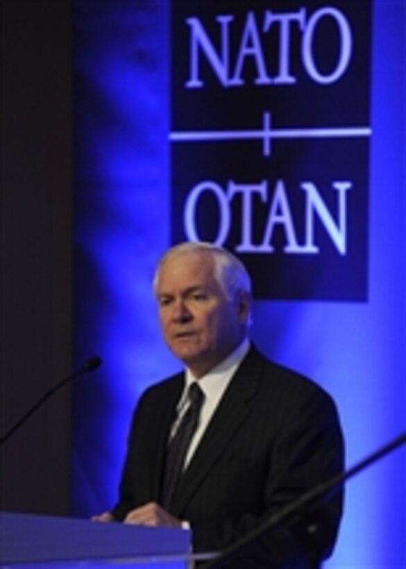 Secretary of Defense Robert M. Gates delivers his remarks and answers questions during a press conference in Krakow, Poland, on Feb. 20, 2009.  Gates is in Poland to attend the Krakow Defense Ministerial Conference.  