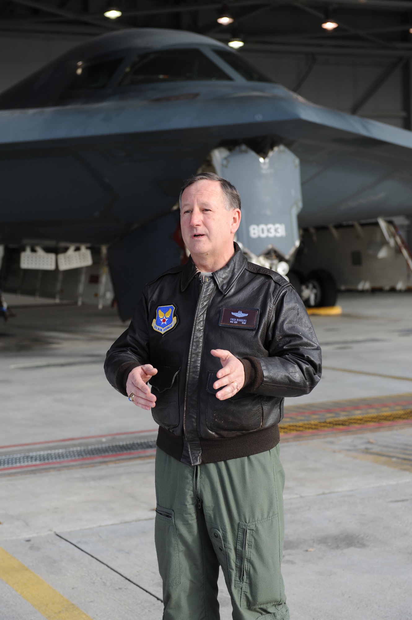 WHITEMAN AIR FORCE BASE, Mo. - Maj. Gen. Frederick Roggero, Air Force Chief of  Safety, speaks to members of team Whiteman while touring the Spirit of Missouri during his visit to Whiteman Feb. 23 - 24. General Roggero visited the base to look at the 509th Bomb Wing's safety standards. (U.S. Air Force photo/Senior Airman Cory Todd)

 

