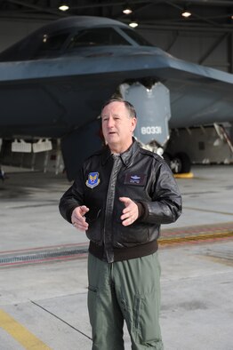 WHITEMAN AIR FORCE BASE, Mo. - Maj. Gen. Frederick Roggero, Air Force Chief of  Safety, speaks to members of team Whiteman while touring the Spirit of Missouri during his visit to Whiteman Feb. 23 - 24. General Roggero visited the base to look at the 509th Bomb Wing's safety standards. (U.S. Air Force photo/Senior Airman Cory Todd)

 
