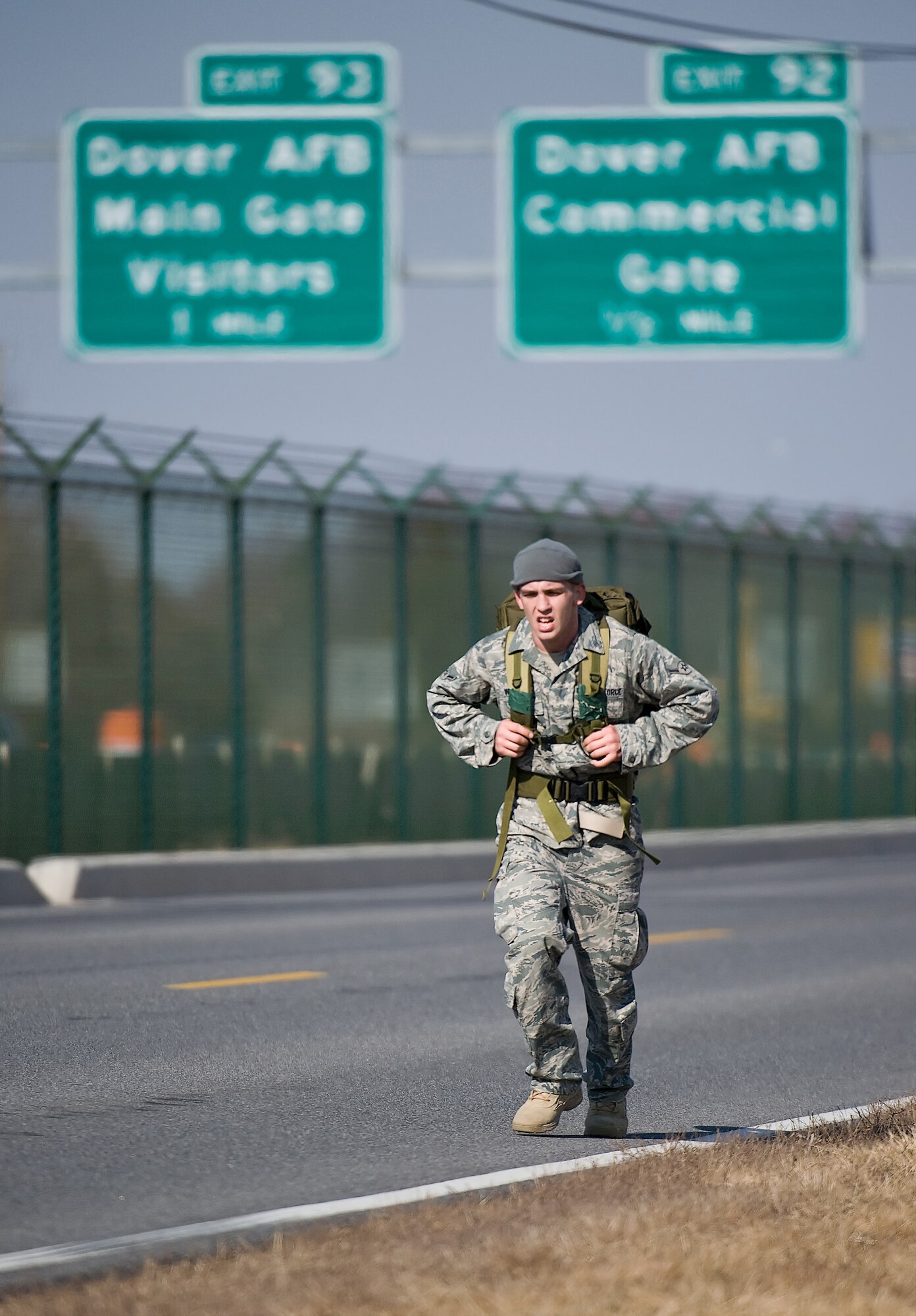 Airman Paul Williams, a 817th Contingency Response Group security forces member at McGuire Air Force Base, N.J., set a new record in the individual category finishing the 10th Annual Ruck March at Dover Air Force Base, Del., in 49 minutes, 27 seconds. The 6.2 mile ruck march, sponsored by the 436th Security Forces Squadron to commemorate the Korean War Battle of Chosin Reservoir in 1950, started and finished at the Air Mobility Command Museum Feb. 21. (U.S. Air Force photo/Roland Balik) 