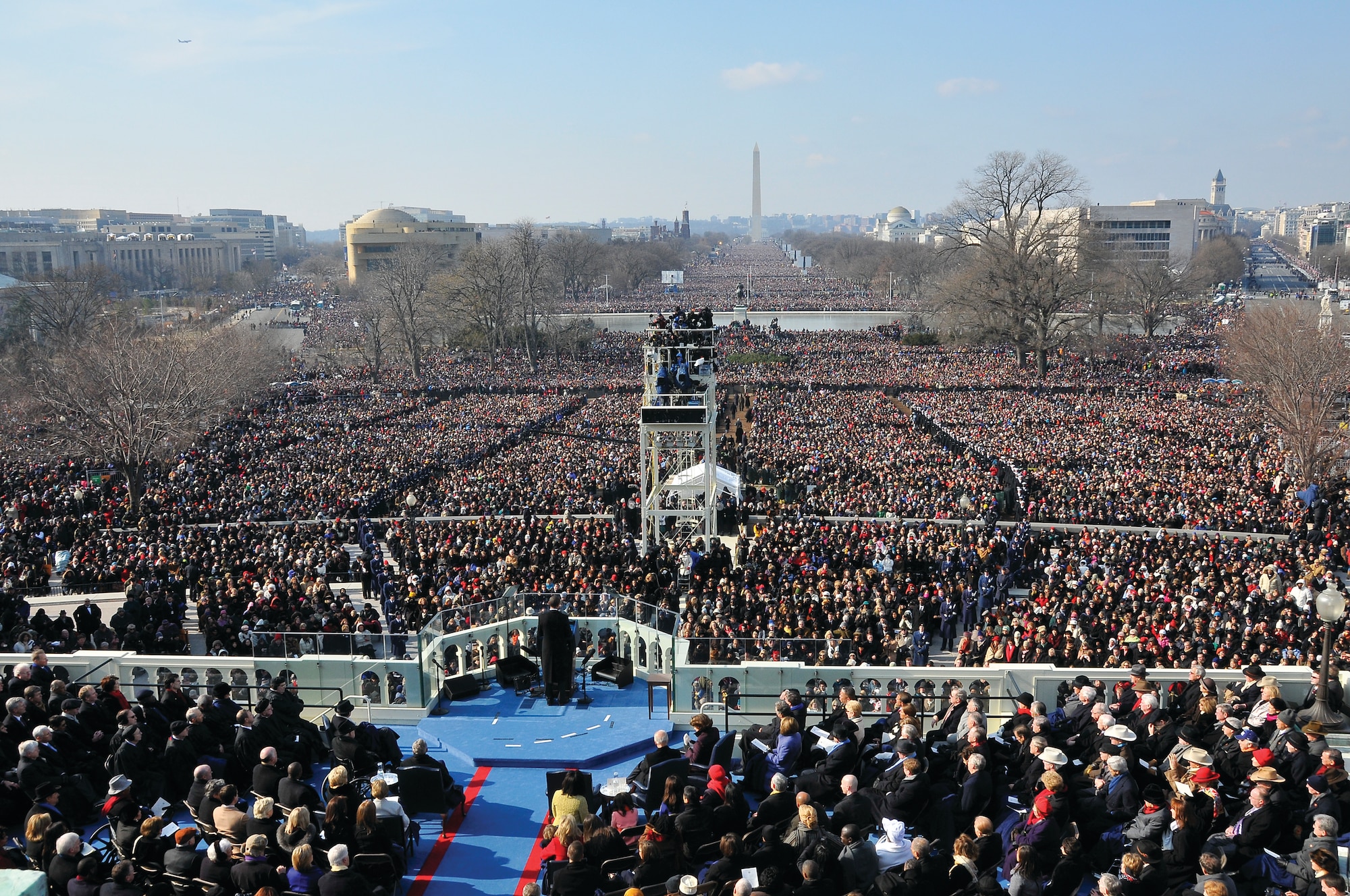 President Barack Obama gives his inaugural address to a worldwide audience from the West Steps of the U.S. Capitol, calling for “a new era of responsibility,” after taking the oath of office in Washington, D.C., Jan. 20, 2009. (U.S. Air Force photo/Senior Master Sgt. Thomas Meneguin) 