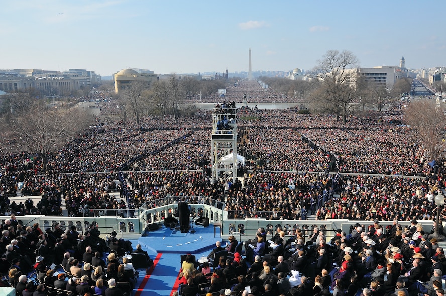 President Barack Obama gives his inaugural address to a worldwide audience from the West Steps of the U.S. Capitol, after taking the oath of office in Washington, D.C., Jan. 20, 2009. More than 5,000 men and women in uniform will be providing military ceremonial support to the 2013 presidential inauguration, a tradition dating back to George Washington's 1789 inauguration. (DoD photo by Senior Master Sgt. Thomas Meneguin, U.S. Air Force/Released)  