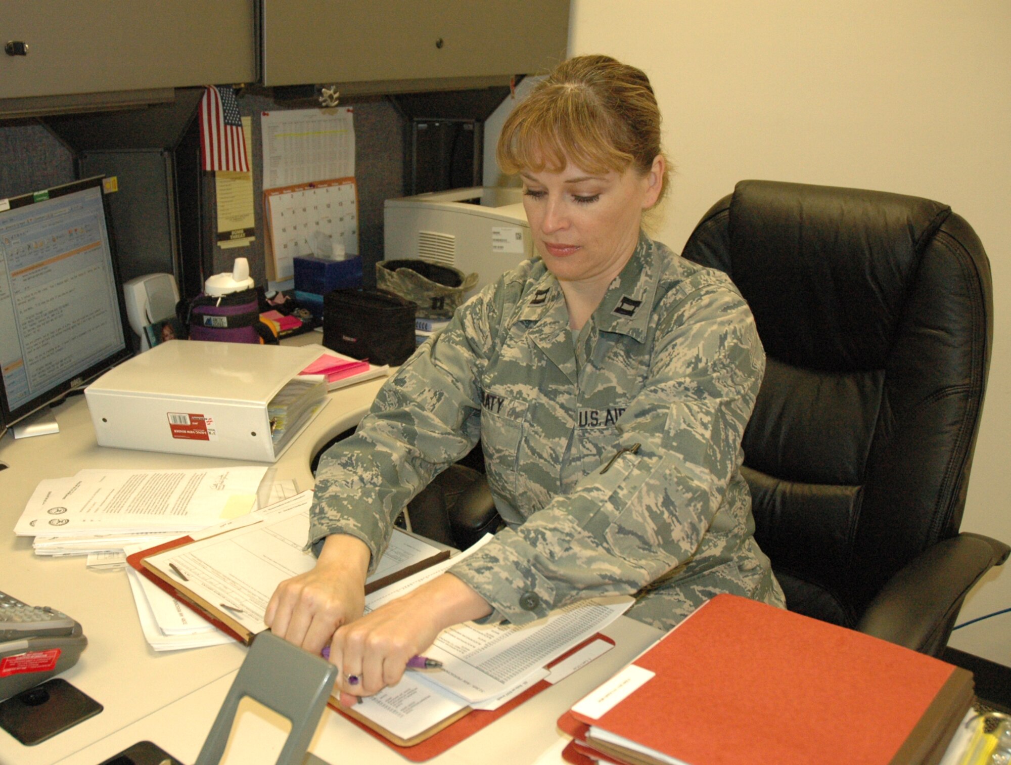 Captain Kelli Beaty, a reservist with the 315th Airlift Wing’s Equal Opportunity Office, is busy reviewing records and documentation to ensure everything is compliant for the upcoming Unit Compliance Inspection (UCI).  A UCI is a United States Air Force inspection conducted to assess areas mandated by law, as well as mission areas identified by senior Air Force and Major Command leadership. The 315th AW will be having their UCI in May.  