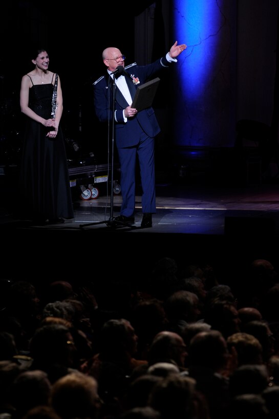 Col. Dennis M. Layendecker, United States Air Force Band commander, introduces this year’s Col. George S. Howard young artist competition winner Katherine Kohler at Daughters of the American Revolution Constitution Hall Feb. 22. during this year’s first Guest Artist Series concert. Charley Pride, legendary Country Music Hall of Fame star, was the guest artist along with guest emcee Bernie Lucas, host of America’s Music on 98.7 WMZQ. (U.S. Air Force photo by Staff Sgt Dan DeCook)