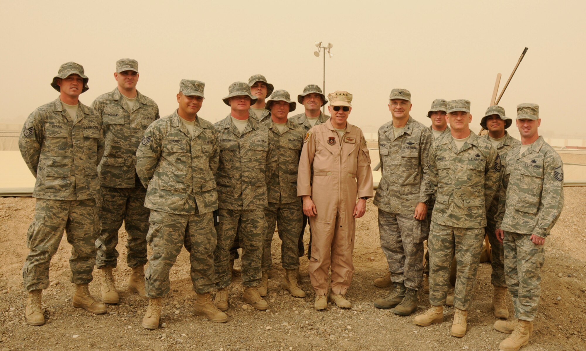 Col. Arnie Bunch, Air Armament Center vice commander, stands to the right of Gen. Donald Hoffman, Air Force Materiel Command commander, as they visit Eglin Airman in the AOR. Colonel Bunch was part of a seven-day tour with the general to talk to Airmen about AFMC products. (USAF photo/Senior Airman Courtney Richardson)