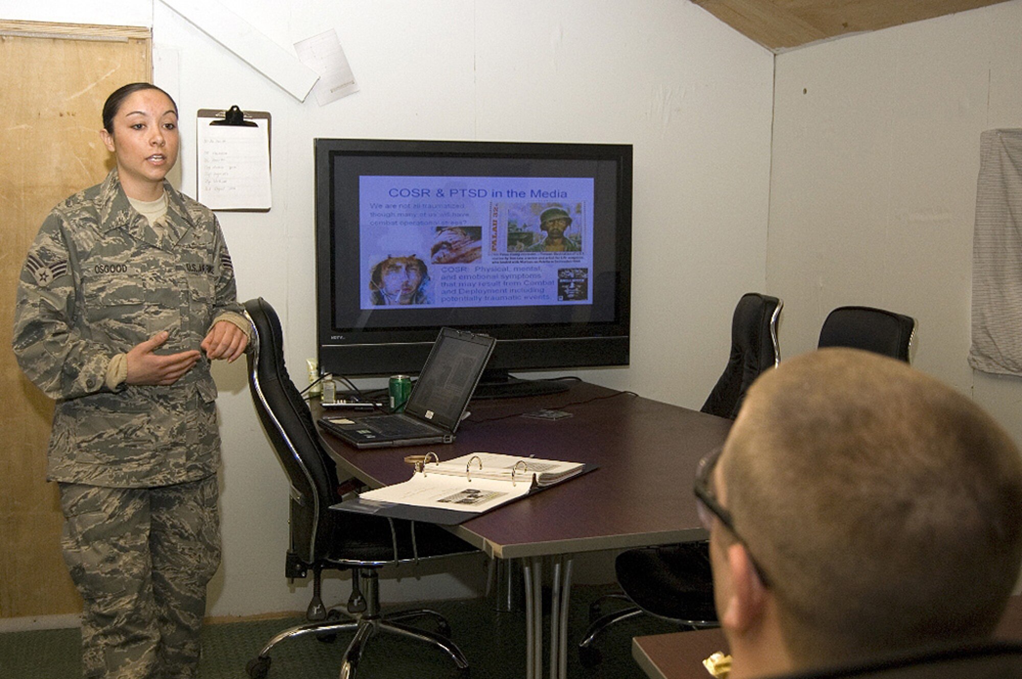 Senior Airman Jessica Osgood teaches a class on warrior resiliency at the Bagram Freedom Restoration Center at Bagram Air Field, Afghanistan, Feb. 23.  Osgood is a mental health technician at the Bagram Freedom Restoration Center, the first mental health rehabilitation clinic for Servicemembers to open in Afghanistan.  (U.S. Army photo by Spc. Boris Shiloff)