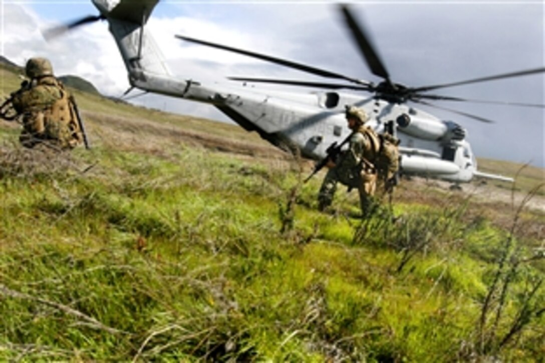 U.S. Marines begin a training raid after being placed into position by helicopter on Marine Corps Base Camp Pendleton, Calif., Feb. 17, 2009. Raids are intended to attack a target and conduct a planned withdrawal, rather than occupy a position.