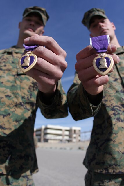 Cpl. Michael Divirgilio, an antitank missileman from Headquarters and Service Company, 1st Tanks, and Lance Cpl. Christopher Scroggins, an assaultman from H&S Co., stand tall and proudly display their newly-awarded Purple Heart Medals Feb. 25 after a ceremony behind the battalion’s headquarters. Both Marines were wounded Aug. 30 while deployed with Company A to Iraq from April to November 2008.