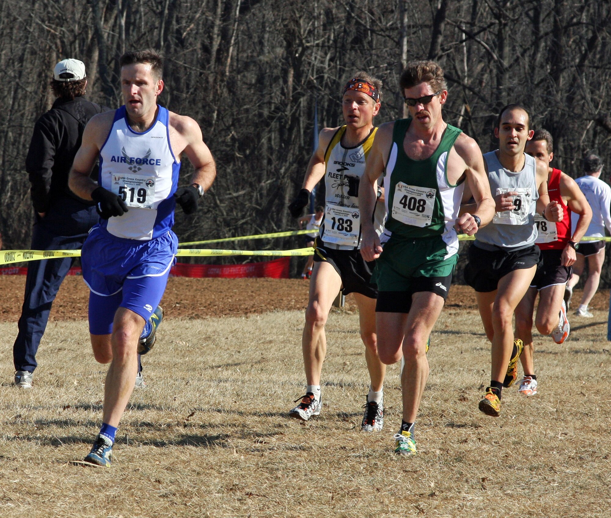 Lt. Col. Mike Wasson (left), deputy commander, 21st Operations Group, runs in the Men’s Masters 8-kilometer race during the 2009 Armed Forces Cross Country Championship in Derwood, Md., Feb. 7.  (Courtesy photo)