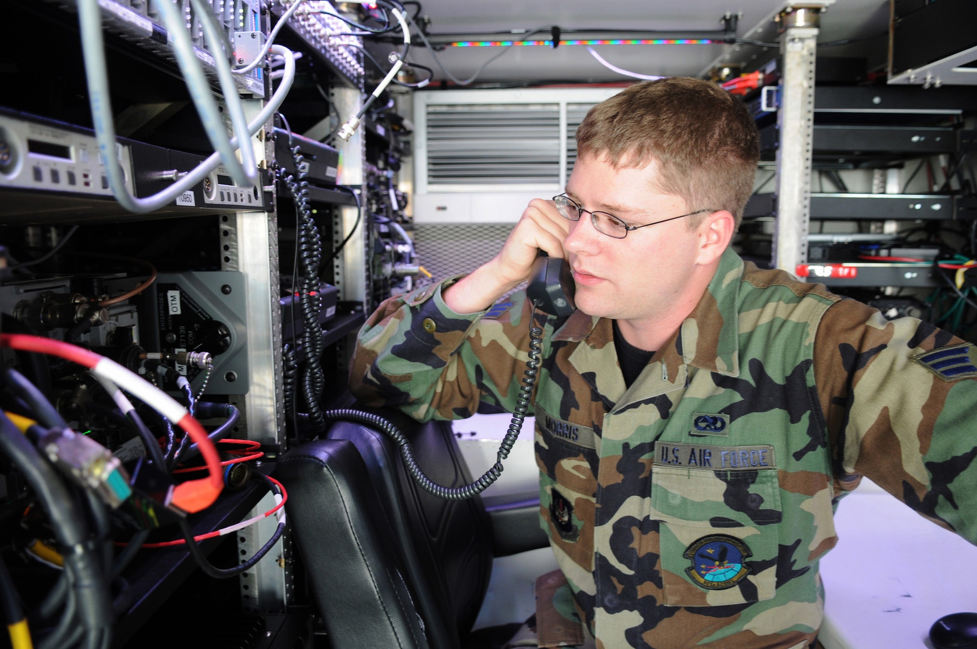 Senior Airman Keith Morris tests equipment in a ground mobile gateway used by the E-3 Sentry airborne warning and control system aircraft. Currently, warfighting command and control faces challenges with reduced manning, outdated equipment and constrained budget resources to draw from for recapitalization and modernization purposes. A tiger team has been formed to assess areas most in need of improvement, and is prioritizing what changes need to be made first.  Airman Morris is a ground radio maintenance technician with the 603rd Air and Space Communication Squadron at Ramstein Air Base, Germany.  (U.S. Air Force photo/Senior Airman Kelly LeGuillon)