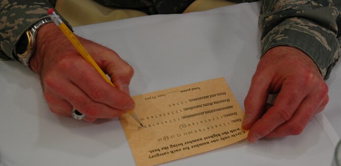 One of the judges prepares to score the dish he just sampled during the annual Warrior Chef competition Feb. 19 at the Elkhorn Dining Facility. (U.S. Air Force photo/Valerie Mullett)