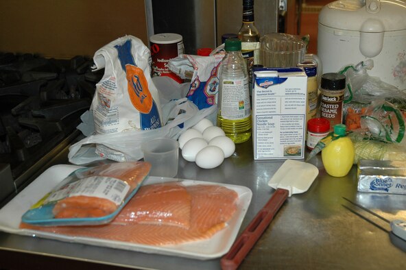 All of the ingredients needed to prepare the sauteed salmon fillet with lemon-mustard sauce, jasmine rice and julienne vegetables entree is organized prior to the start of the annual Warrior Chef competition Feb. 19.  (U.S. Air Force photo/Valerie Mullett)