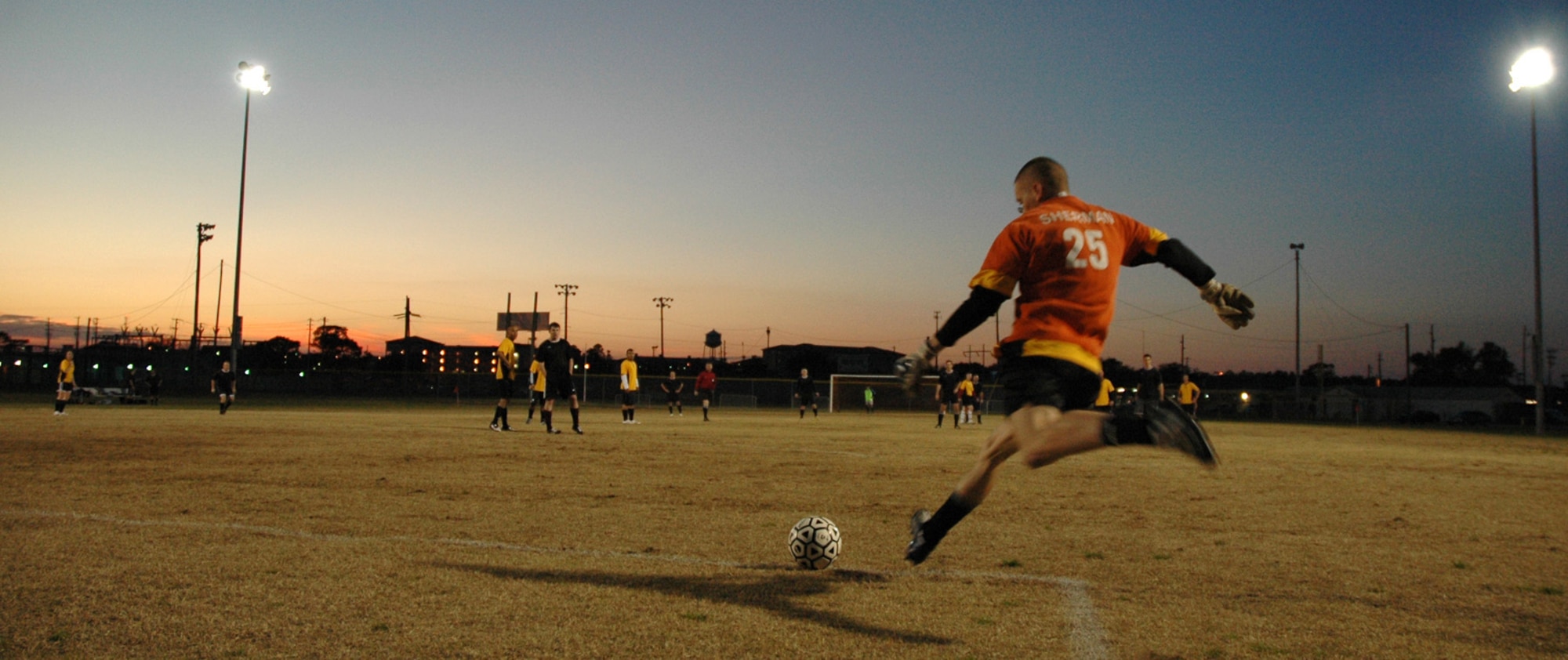 EGLIN AIR FORCE BASE, Fla. -- 728th Air Control Squadron power kicking goalie, Robert Sherman, kicks the ball during the Intramural Soccer Season. The Air Force Research Laboratory bested the 728th team Feb. 23, 2-1, remaining undefeated after three weeks in the intramural soccer season. (U.S. Air Force photo/ Airman Anthony Jennings)