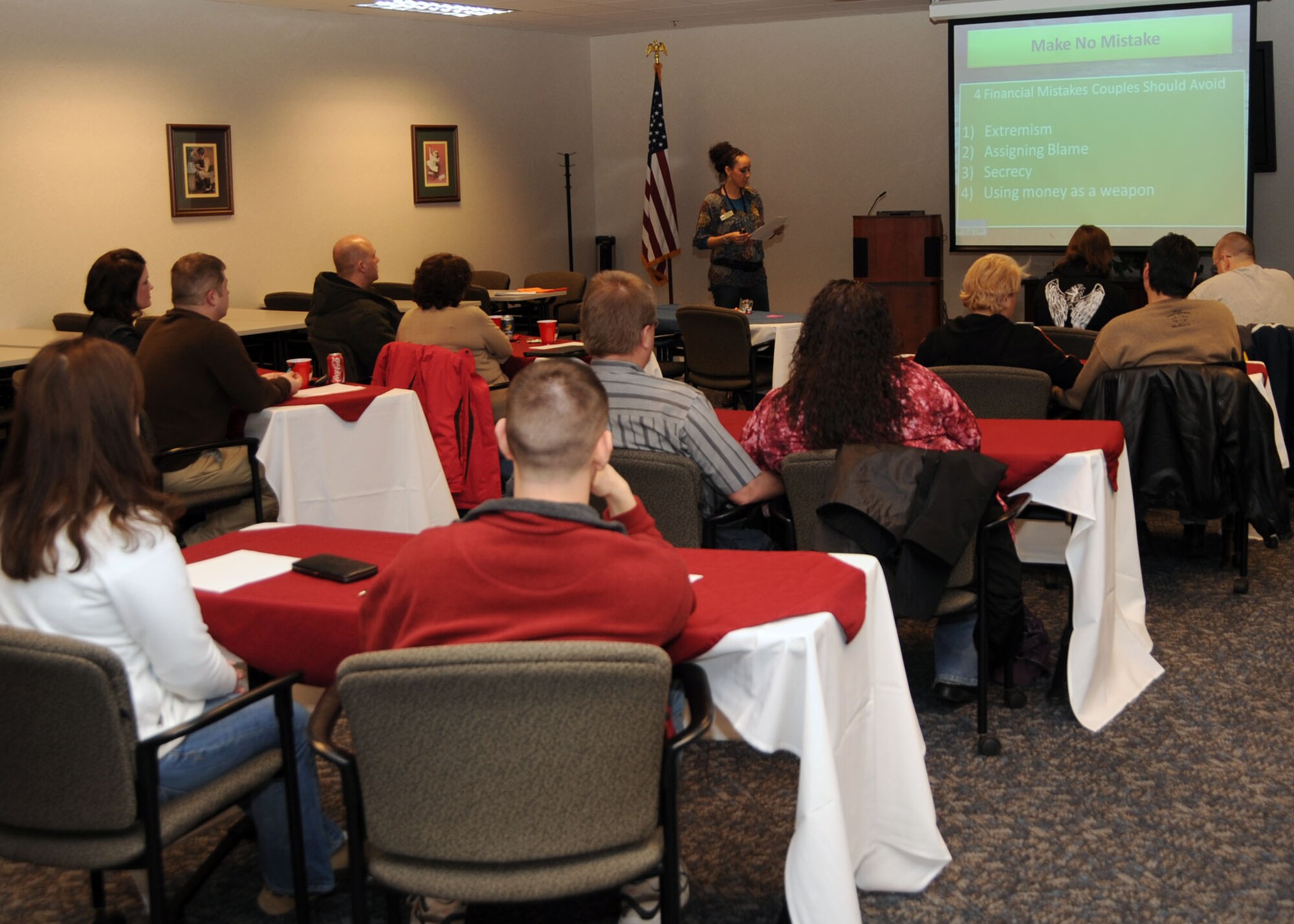 SCOTT AIR FORCE BASE, Ill. --Eight couples attended a dinner workshop inside the Airman and Family Readiness Center Friday night to help them become better with personal finances. The workshop, lead by Betty Hart and Peggy Beauvais, covered money personality types in the first half of the evening.  The workshop is the first of many during Military Saves Week, a campaign hosted by the AFRC.U.S. Air Force photo/Airman 1st Class Wesley Farnsworth) 