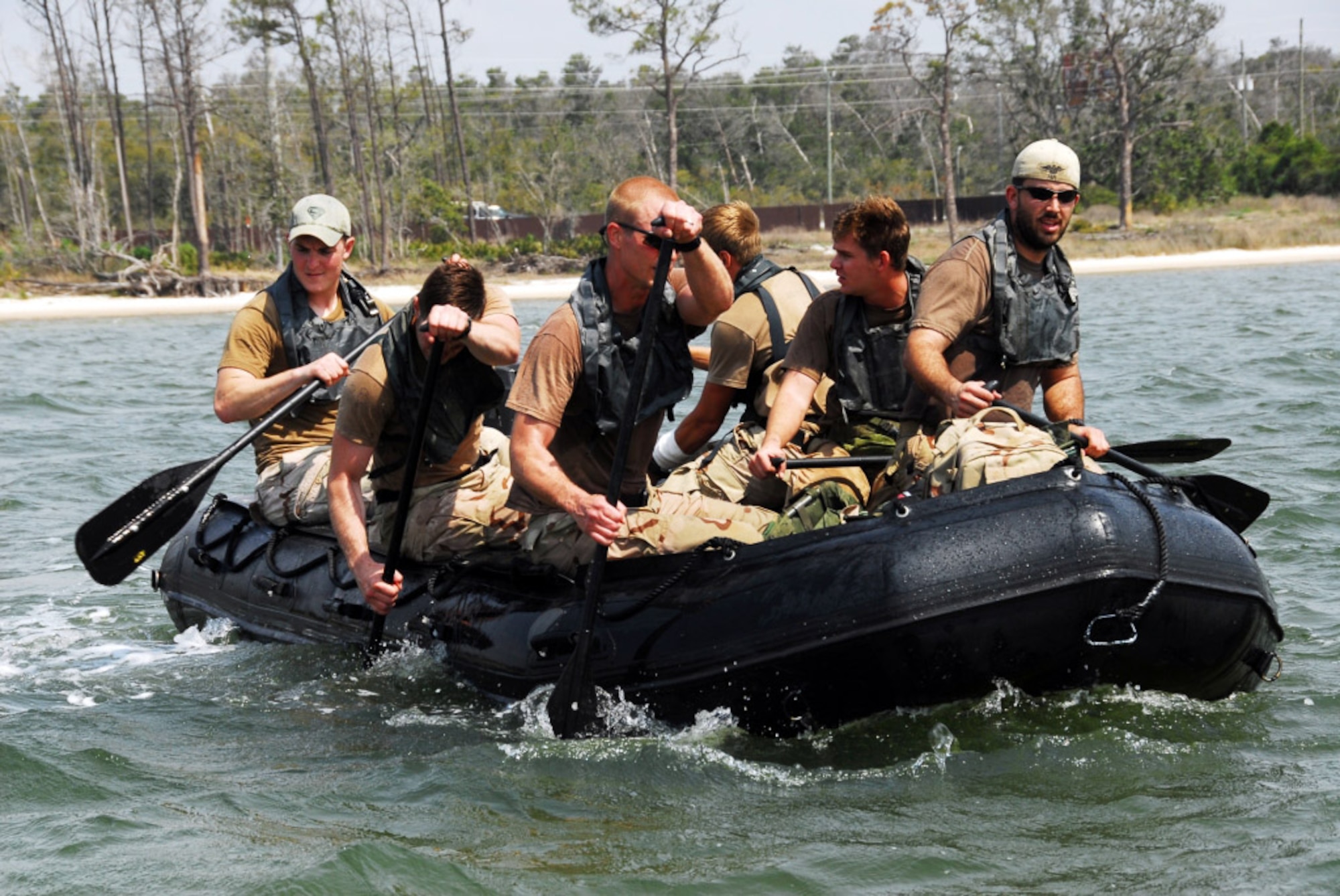 Staff Sgt. Timothy P. Davis (back left of boat) participated in amphibious training with his team. Sergeant Davis died of wounds suffered when his vehicle encountered an improvised explosive device Feb. 20 in Afghanistan. He was assigned to the 23rd Special Tactics Squadron at Hurlburt Field, Fla. (U.S. Air Force photo) 