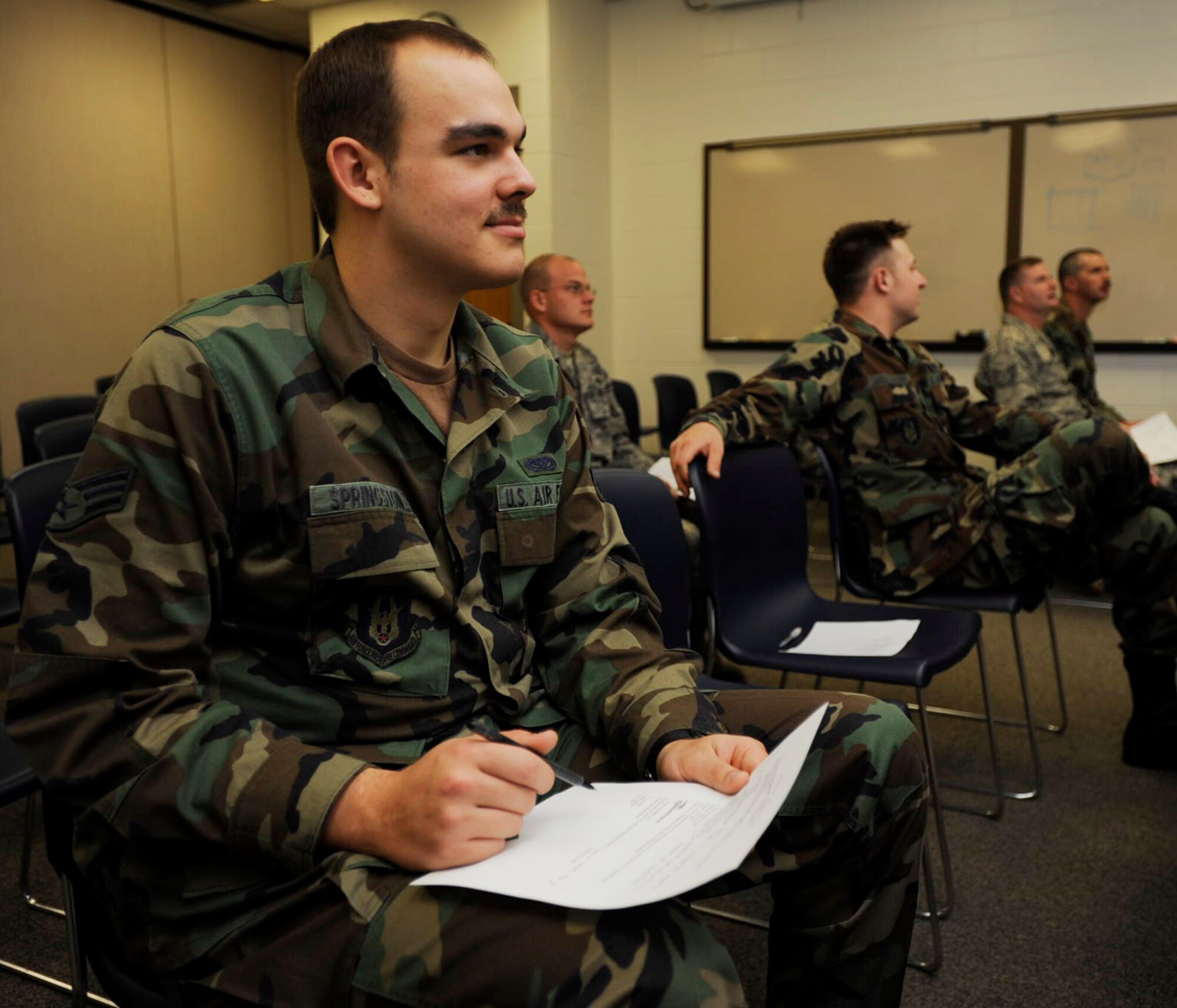 Senior Airman John Springston attends a training class during the 931st Air Refueling Group's drill weekend in February. Airman Springston is assigned to the pavements and equipment section of the 931st Civil Engineer Squadron, an Air Force Reserve unit at McConnell Air Force Base, Kan. (U.S. Air Force photo/Tech. Sgt. Jason Schaap)