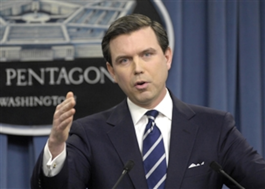 Pentagon Press Secretary Geoff Morrell responds to a reporter's question concerning the duties of U.S. military personnel in Iraq during a Pentagon press briefing on Feb. 25, 2009.  