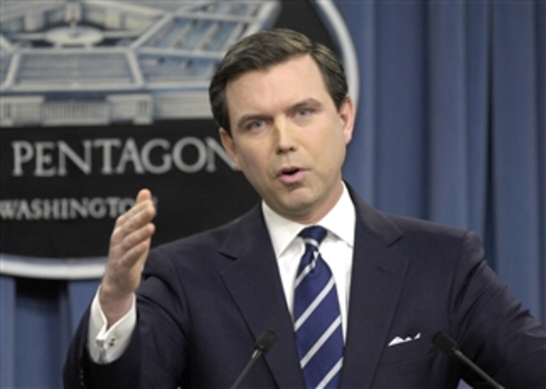 Pentagon Press Secretary Geoff Morrell responds to a reporter's question concerning the duties of U.S. military personnel in Iraq during a Pentagon press briefing on Feb. 25, 2009.  