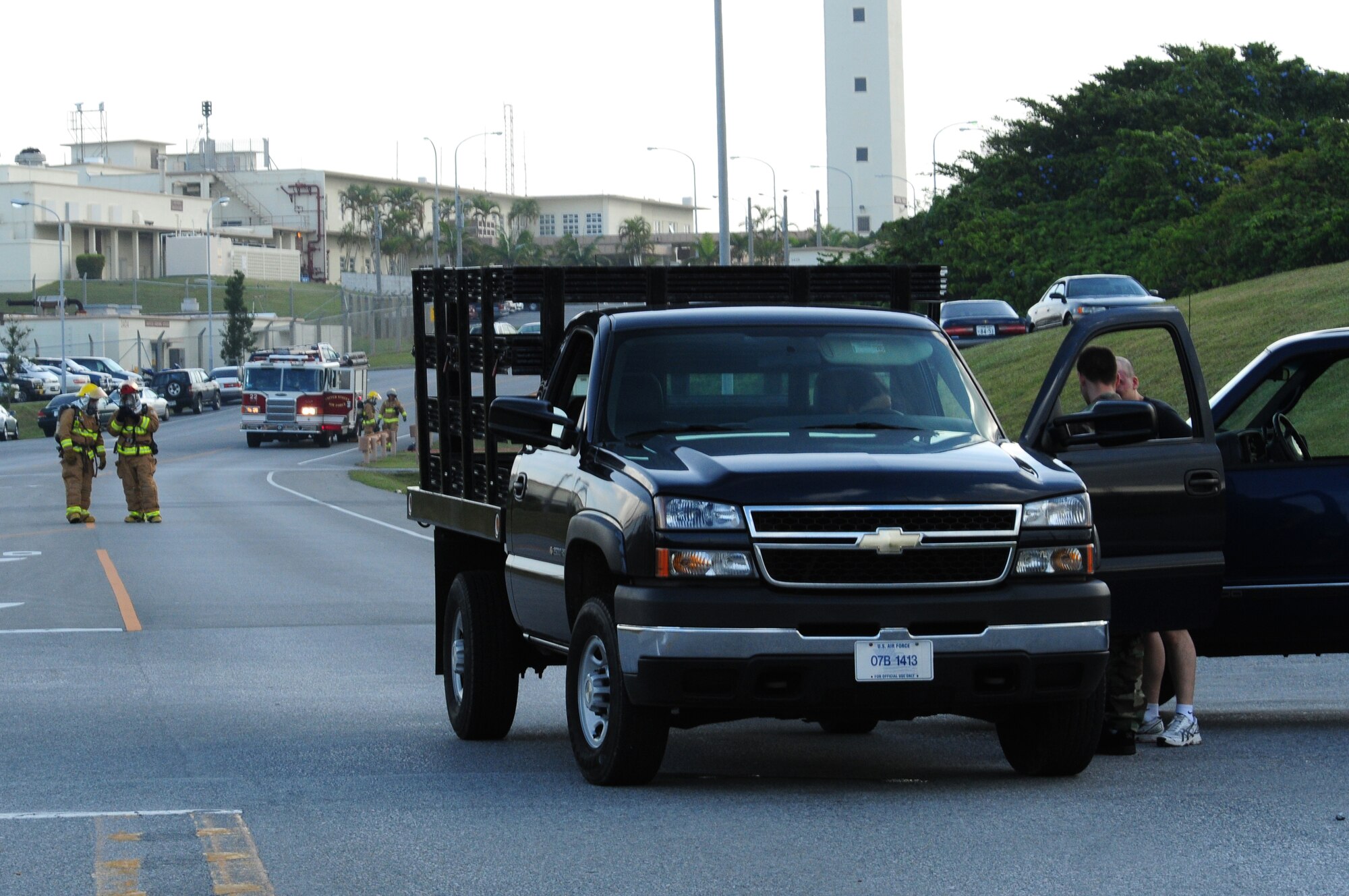 Kadena Airmen simulate a two-car collision on Kadena Air Base Feb. 26.  The emergency management exercise honed Kadena's response capabilities.  (U.S. Air Force photo/Airman 1st Class Amanda Grabiec)