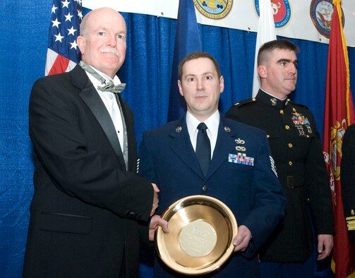 ELMENDORF AFB, Alaska -- Tech. Sgt. Ryan Dillon, 477th Civil Engineer Squadron, was named 2008 Armed Services YMCA Reservist of the Year.  Sgt. Dillon is a Power Production Craftsman and is deploying to Iraq with the 477 CES in the upcoming weeks.  Sgt. Dillon had the opportunity to meet with military, state and national leaders during the 32nd Annual Salute to the Military banquet.  (US Air Force Photo by Senior Airman Jonathan Steffen)