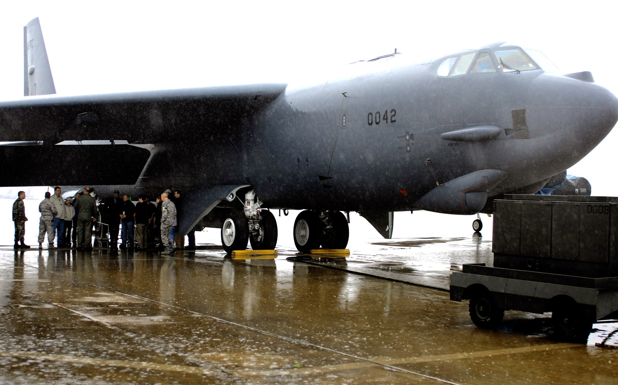 Members of ESPN tour a B-52 Stratofortress Feb. 21 at Barksdale Air Force Base, La. Capt. Jerry Reynolds, a B-52 instructor aircraft commander from the 93rd Bomb Squadron, along with flight chiefs discussed the capabilities of the aircraft and answered questions. (U.S. Air Force photo/2nd Lt. Amy Abbott) 
