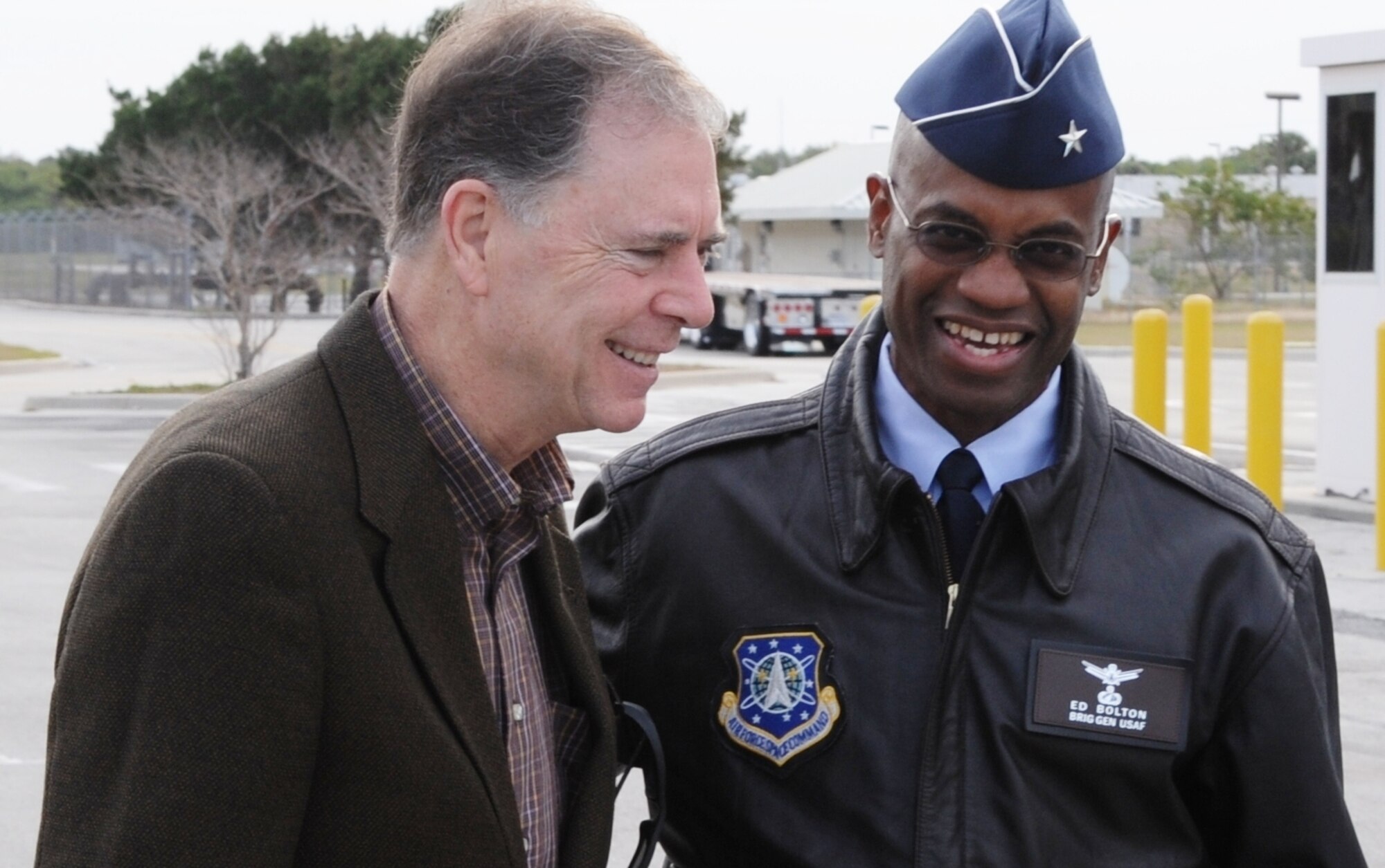 45th Space Wing Commander Brig. Gen. Edward L. Bolton, Jr., welcomes Representative Bill Posey to Cape Canaveral Air Force Station Monday. Elected in 2008, Congressman Posey represents Florida's 15th district, encompassing most of Brevard County south of the city of Cocoa. This was his first visit to Cape Canaveral since being elected to Congress. (U.S. Air Force photo by John Connell)
