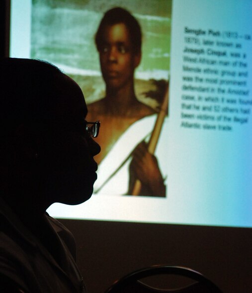 LAUGHLIN AIR FORCE BASE, Texas – Second Lt. Ashley Jackson, 47th Force Support  Squadron, listens to a lecture while watching a presentation for Black History Month here Feb.  23. (U.S. Air Force photo by Airman 1st Class Sara Csurilla)