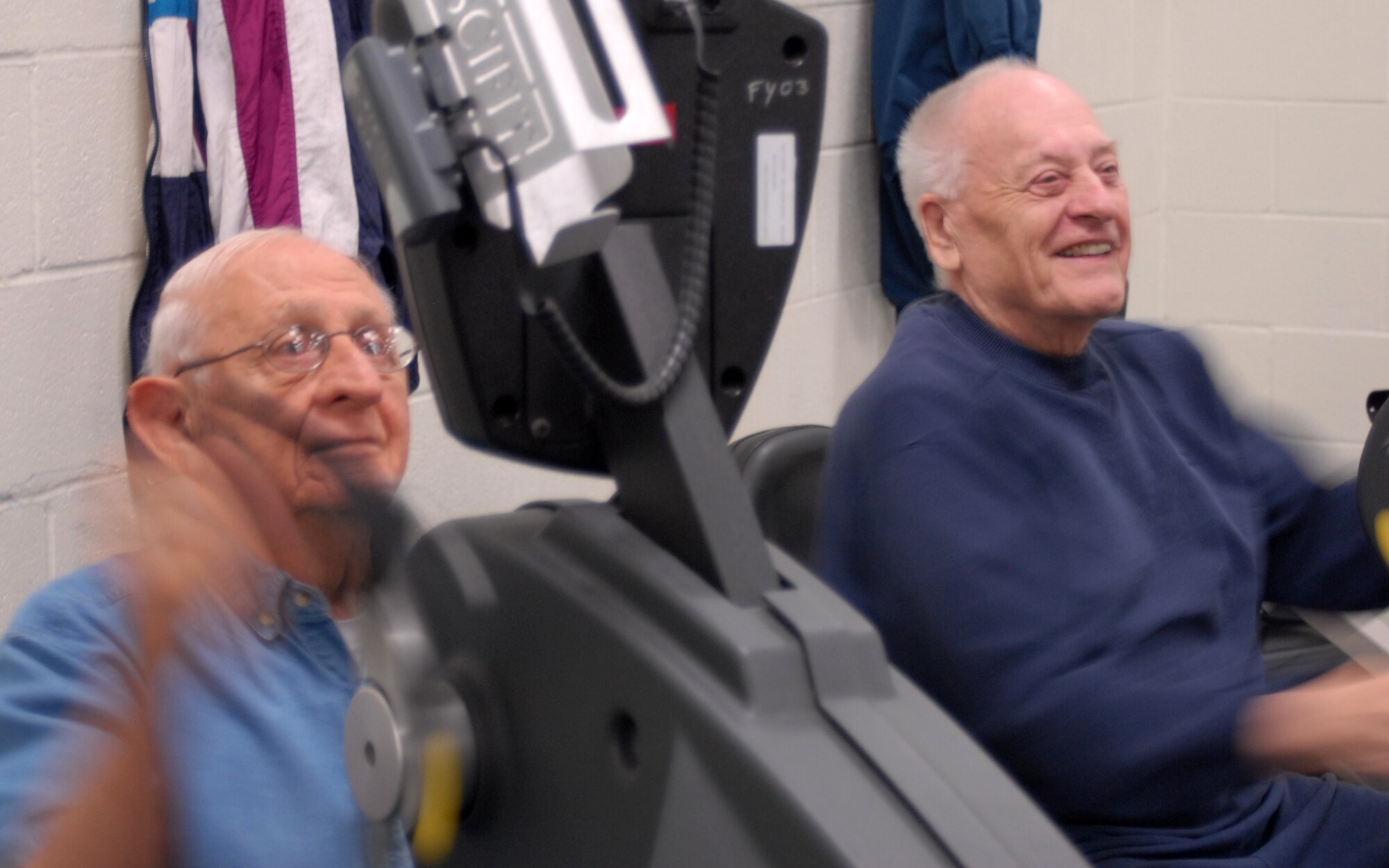 Retired Lieutenant Col. Steve Tefas (left) and retired Lt. Col. John Dierker (right) work out at Mathis Fitness Center. (U.S. Air Force photo by Senior Master Sgt. Robert Martinez)