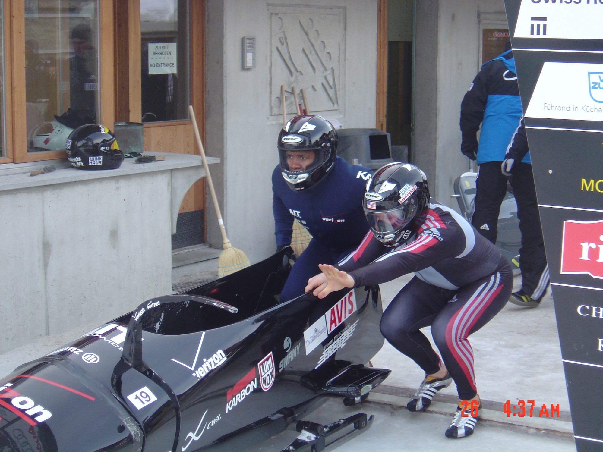 Tech Sgt. Hoy Thurman (left), a surveillance radar technician in the 116th Air Control Wing, will compete in many bobsled events like this one in Park City, Utah, in an effort to make the U. S. 2010 Olympic bobsled team. Courtesy photo       