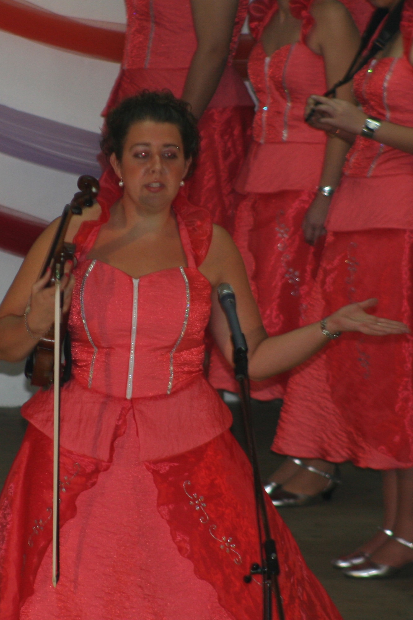 Elizabeth Scheperle, 65th Medical Group, delivers a line during a performance of "Estado da Nação" or “The State of the Nation” during the last day of the “Carnaval” celebration Feb. 24 in the town of Fontinhas, Terceira, Azores, Portugal. (U.S. Air Force photo by 1st Lt. George Tobias)
