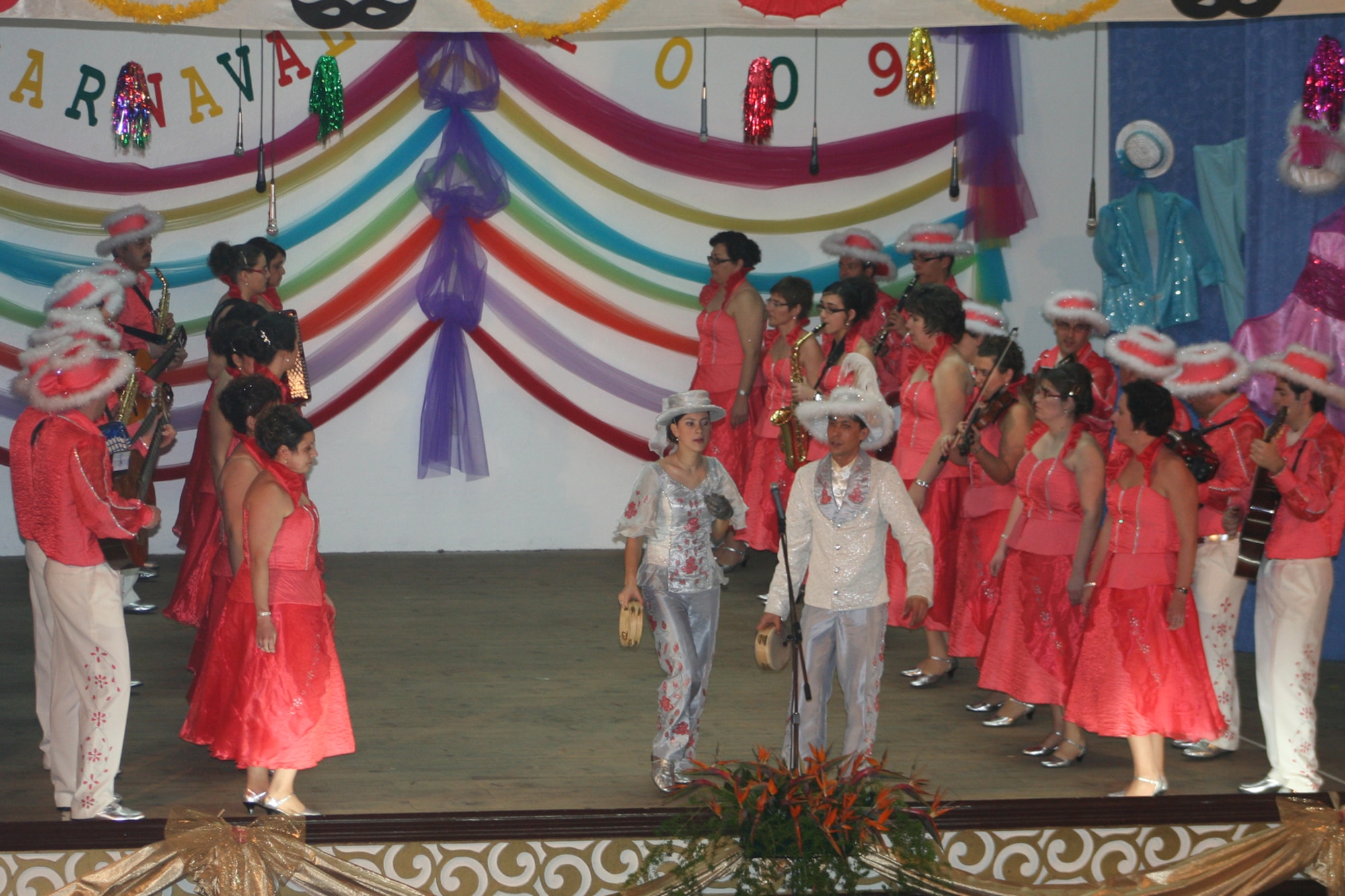 Dança de Pandeiro da Sociedade Filarmónica das Fontinhas, performs its production of "Estado da Nação" or “The State of the Nation” during the last day of the “Carnaval” celebration Feb. 24 in the town of Fontinhas, Terceira, Azores, Portugal. (U.S. Air Force photo by 1st Lt. George Tobias)