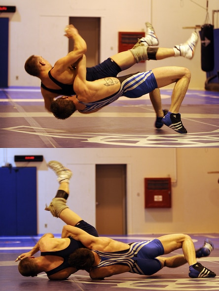 MOUNTAIN HOME AIR FORCE BASE, Idaho -- A series of photographs shows Airman 1st Class Tyler Moore from Aviano Air Base, Italy, taking down Senior Airman Christopher Wise from Moody AFB, Ga., Feb. 25, during a training match at the Air Force Wrestling Camp held at Mountain Home Air Force Base, Idaho. The Airmen will continue to train until the "wrestle-off" March 7 and 8 when they try out for the Air Force team. (U.S. Air Force photo illustration/ Senior Airman Ryan Crane)